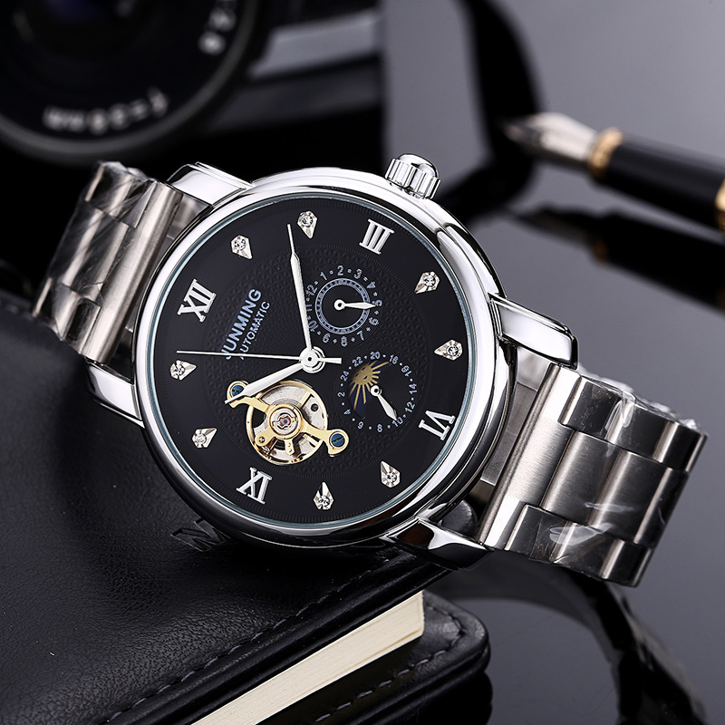 时尚热卖高档钢带白壳男士全自动防水机械手表镶钻商务时装表腕表