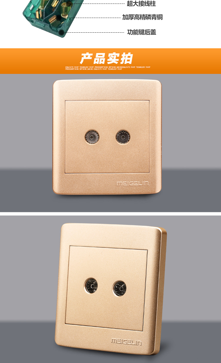 厂家生产环保pc h2香槟金二位双孔电视插座 86型暗装墙壁插座