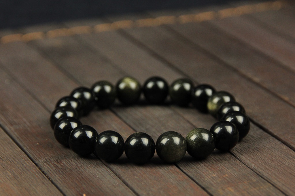 天然墨西哥金曜石手链猫眼石 黑曜石水晶饰品手串单圈货源批发