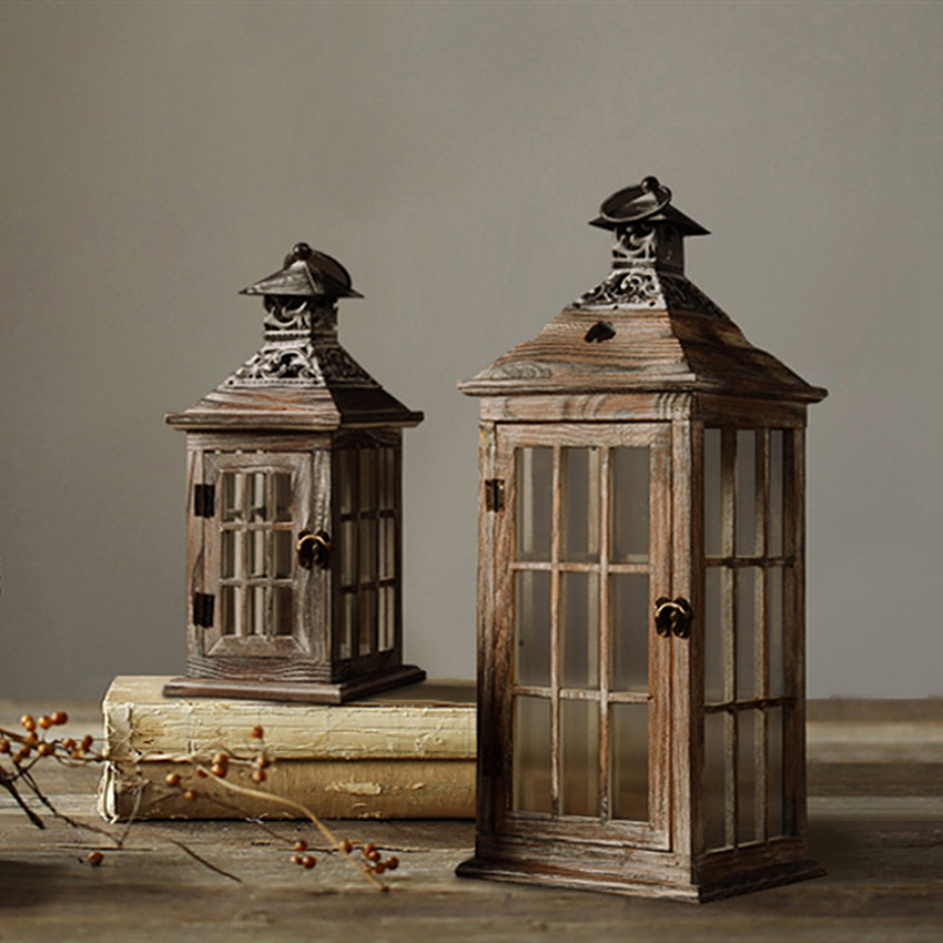 北欧复古做旧木质风灯大号落地家居装饰品摆件防风铁艺玻璃蜡烛台