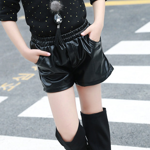 2017秋冬新款韩版童装女童高腰皮短裤中大儿童百搭pu皮裤子靴裤