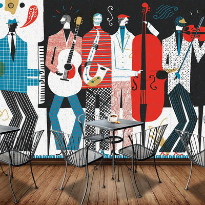 个性复古欧美街头风手绘音乐会乐器手 服装店餐厅清吧壁画背景墙