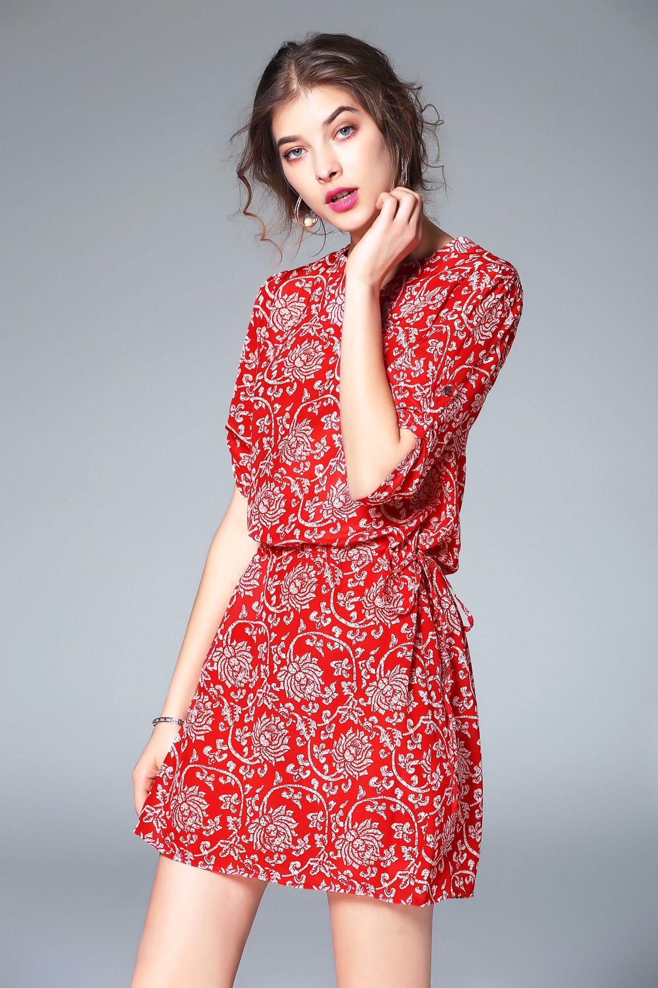 a90320 新款红色真丝连衣裙系带两穿 s-xl