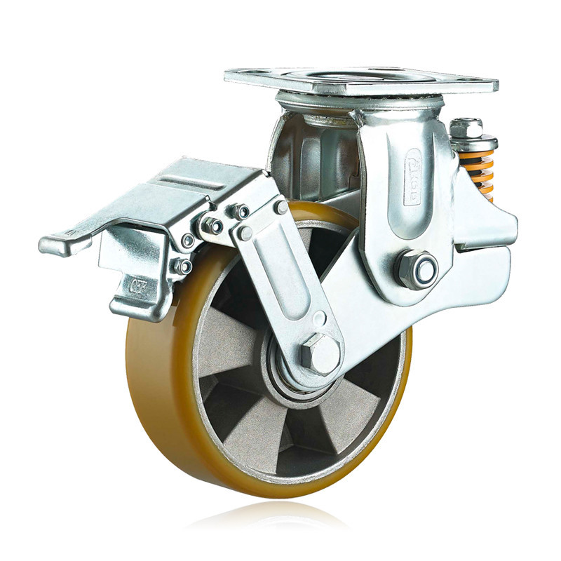 5寸双弹簧减震轮 汽车牵引台车脚轮 万向刹车铝芯聚氨酯轮 耐磨