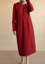 年龄冬款高支棉赤山红圆后领单粒扣后中开叉微茧长袖连衣裙1766