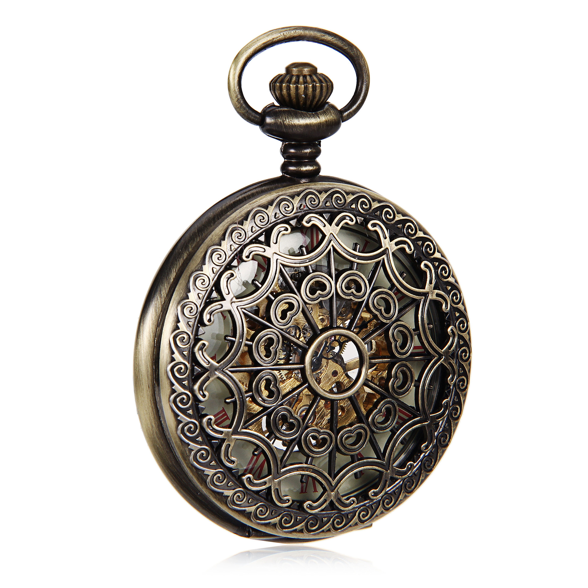 男机械表复古青铜色镂空窗花翻盖机械怀表简约红色罗马字批发怀表