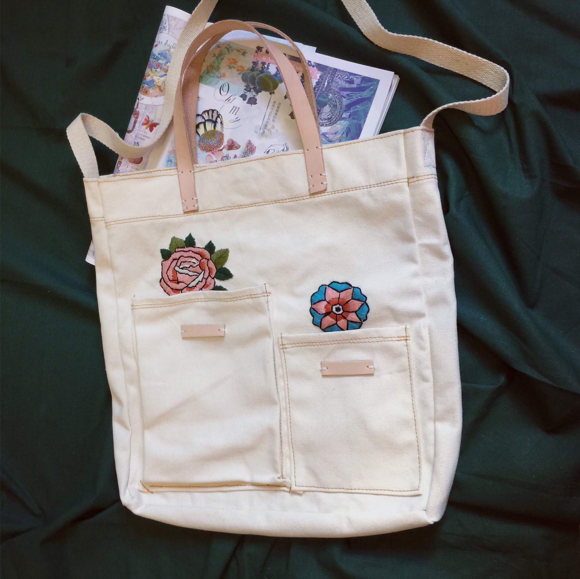 复古绣花手提袋 白色全棉皮革手提帆布袋 棉织带肩带