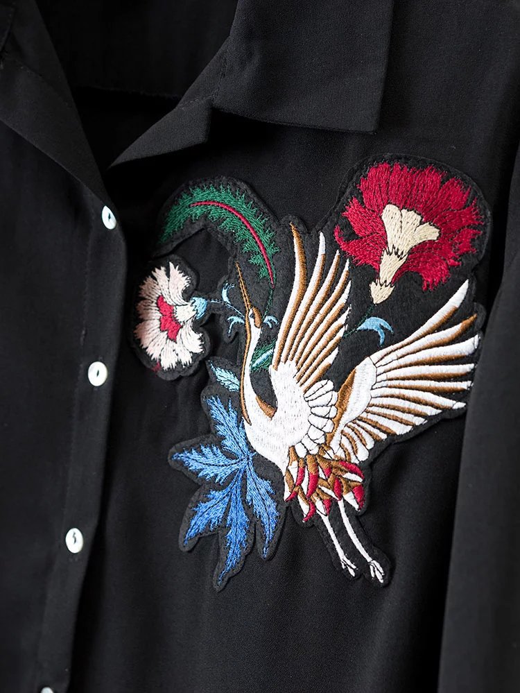 2017春夏新款欧洲站刺绣仙鹤大领衬衫 女士绣花黑色衬衣 pop132