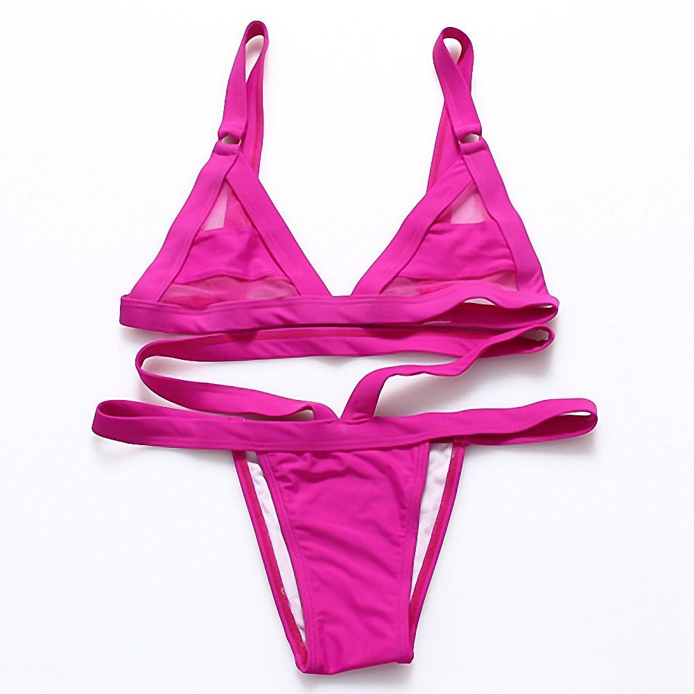 欧美现货热销网纱拼接绑带比基尼泳衣 性感透视蕾丝镂空女士泳装