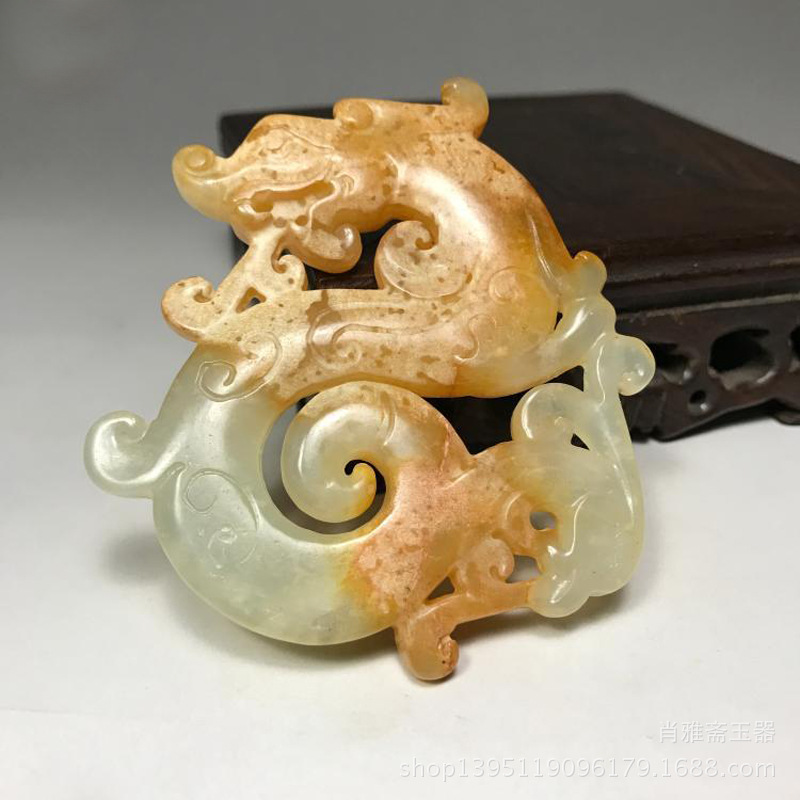 高古玉古玉老玉岫玉战汉龙凤对玉佩挂件做工精细皮克老气仿古玉器