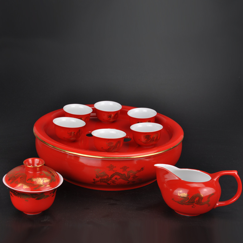批发红瓷茶具套装 红色陶瓷茶具 中秋礼品 功夫杯具套装 陶瓷杯