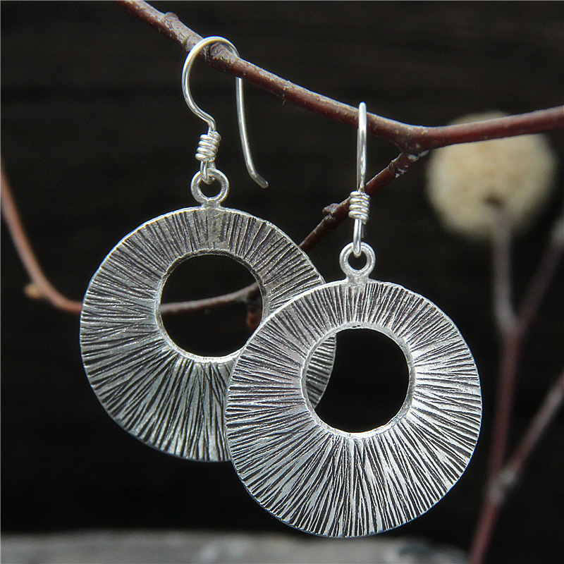 梵银泰国原创饰品 泰银复古圆形耳环纯银 s925拉丝手工银耳坠女款