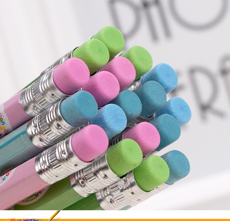 大圣文具12支小花四色卡通圆杆hb小橡皮头铅笔学生学习奖品批发