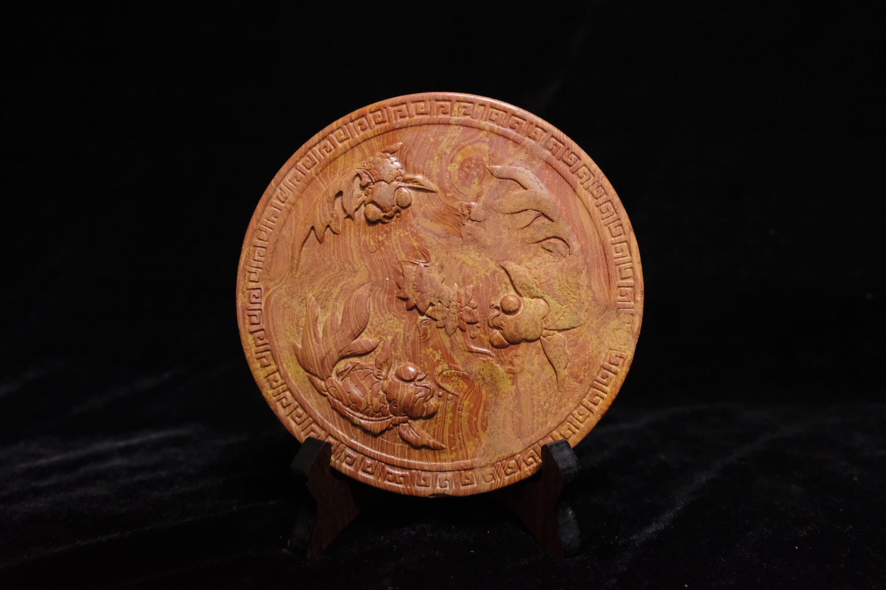 山东泗水 泰山泗滨砭石摆件连年有鱼喜庆祥和圆形摆件 送礼居家