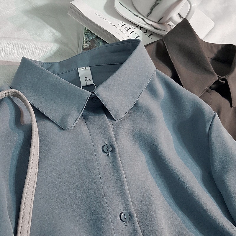 2017春装新款韩国女装纯色袖带女式衬衫衬衣女