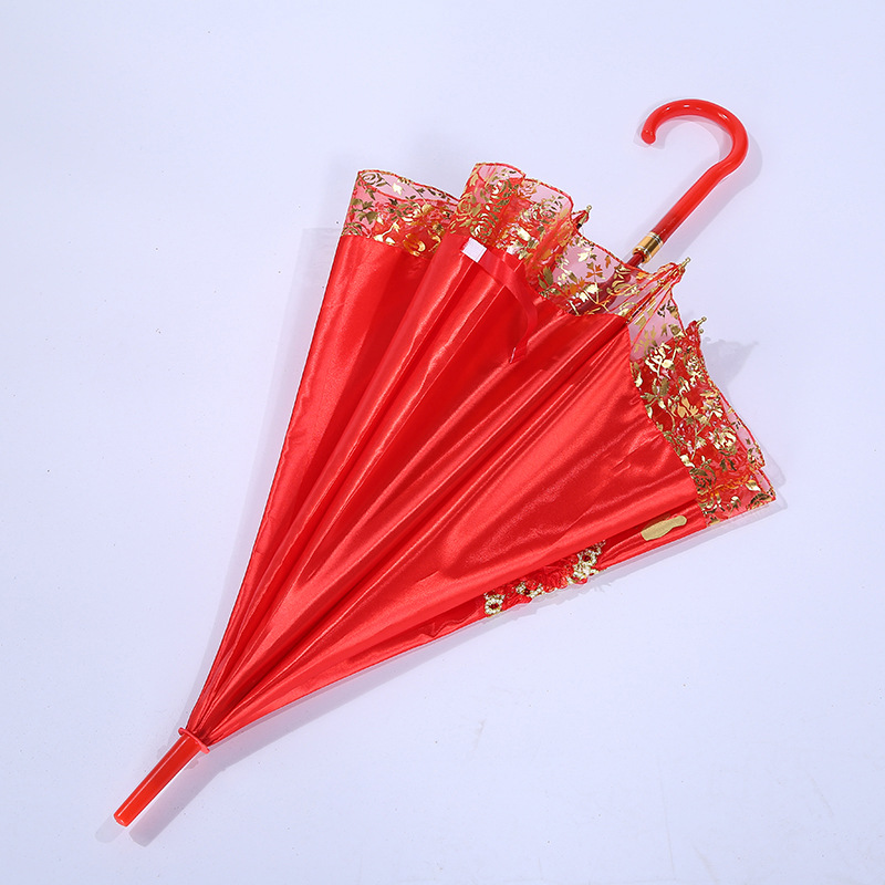 New Red Umbrella Festive Wedding Supplies Fabric Lace Edge Bridal Wedding Large Red Umbrella Straight Manufacturer