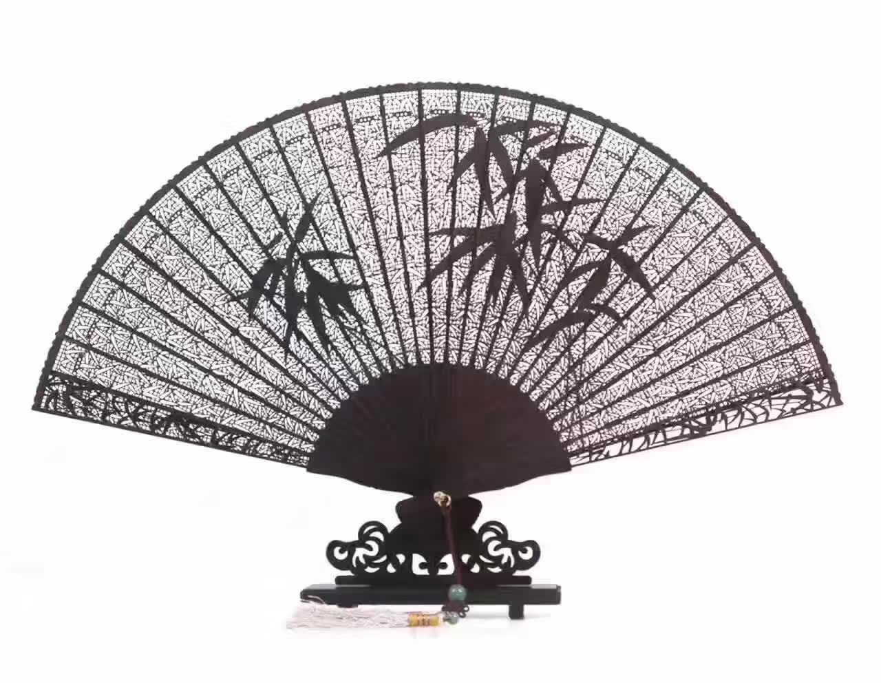 湘妃扇庄苏州特产中国风紫光檀檀香雕花折扇子古典手工艺礼品