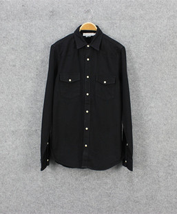 外贸原单男士春款 商务休闲黑色长袖纯棉卡其布衬衣