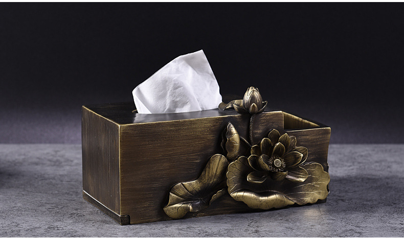 新中式家居用品纸巾盒摆件 仿古艺术客厅办公室荷花长方形抽纸盒