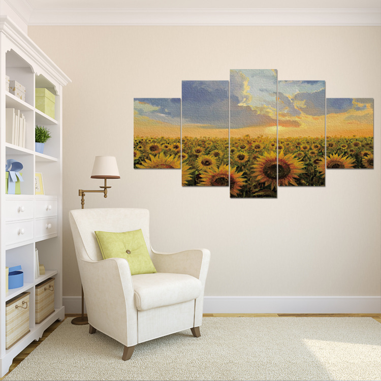 热销向日葵无框画五拼油画布挂画五联画组合家居装饰背景墙壁画