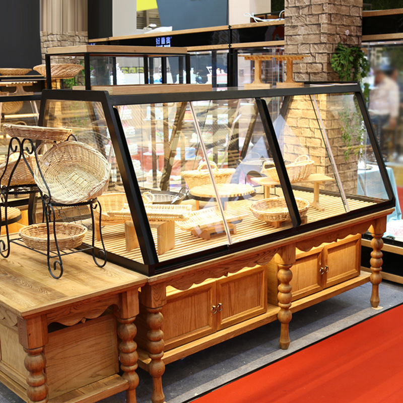 誉创新款实木面包柜 铁艺展示柜边柜 玻璃展柜 边岛柜 蛋糕柜台
