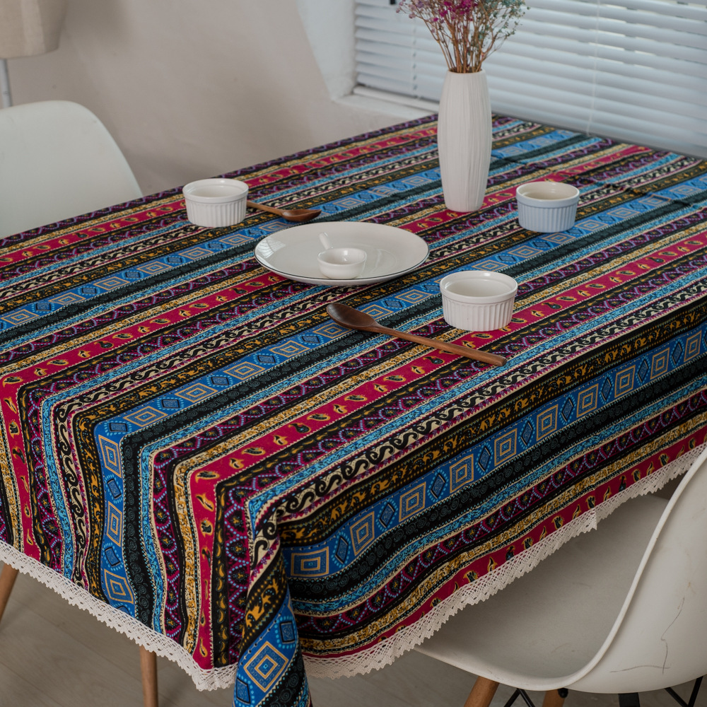 云南民族风桌布_云南民族风 复古条纹花边餐桌布 防尘布盖巾一件代发 