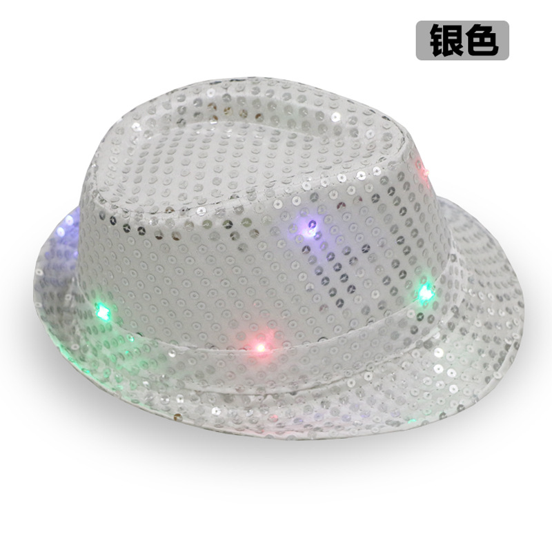 Factory Direct Sales LED Luminous Colorful Flash Fedora Hat Adult and Children Sequins Fedora Hat Stage Performance Top Hat