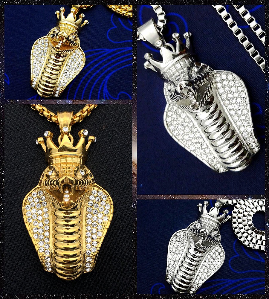 欧美外贸钛钢项链 嘻哈hiphop不锈钢镀金镶钻埃及皇冠眼镜蛇吊坠