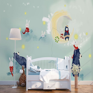 儿童房月亮兔子背景墙壁纸男孩卧室环保墙纸卡通定制壁画无缝墙布