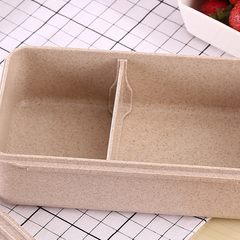 小麦秸秆饭盒带叉勺餐盒 创意便当盒分格方形儿童学生餐具