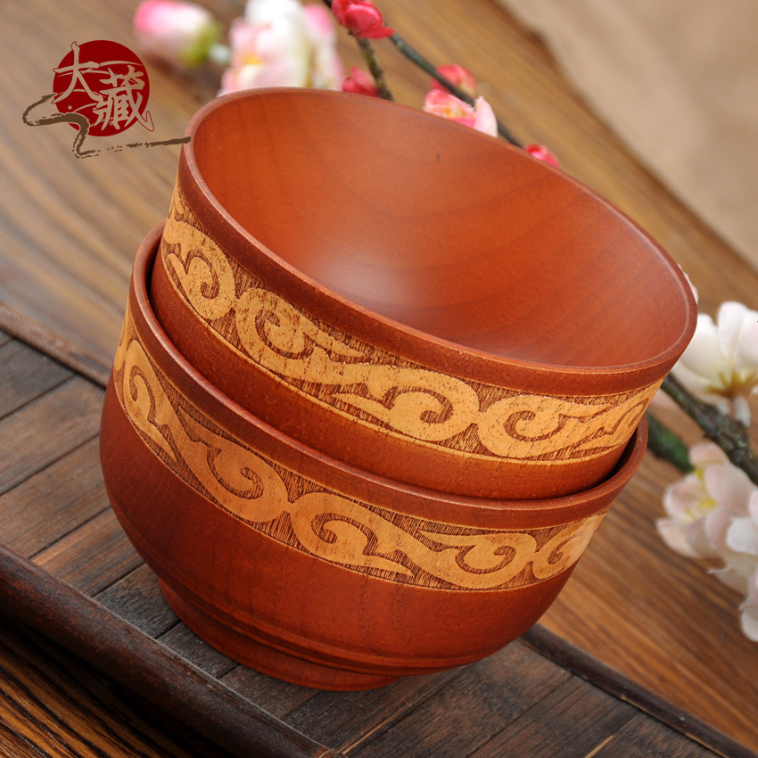 蒙古族特色祥云纹返边木碗 创意中式民族风餐具 实木雕刻花纹木碗