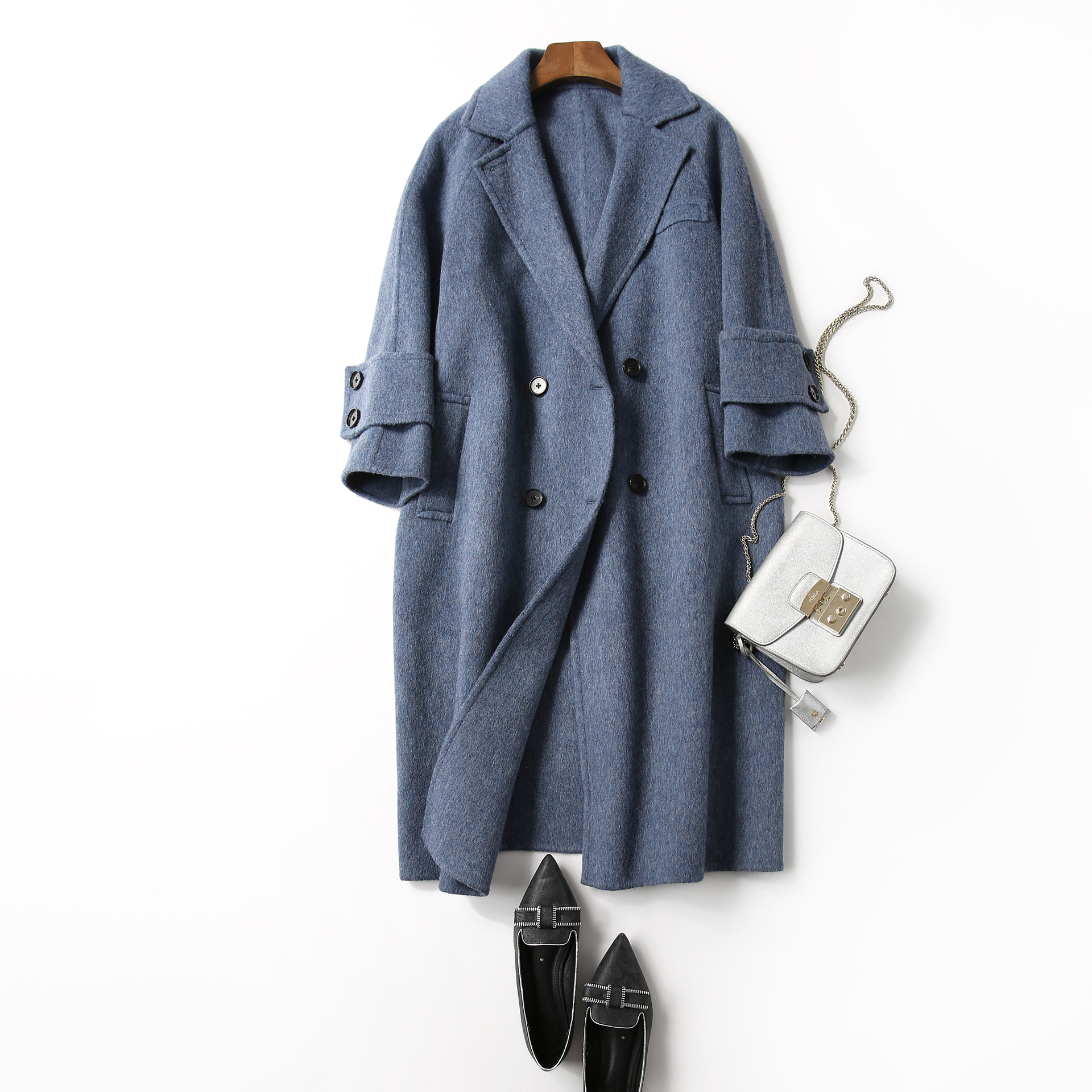 经典雾霾蓝拉毛大衣女 韩版时尚手工双面呢外套 甜美舒适女大衣