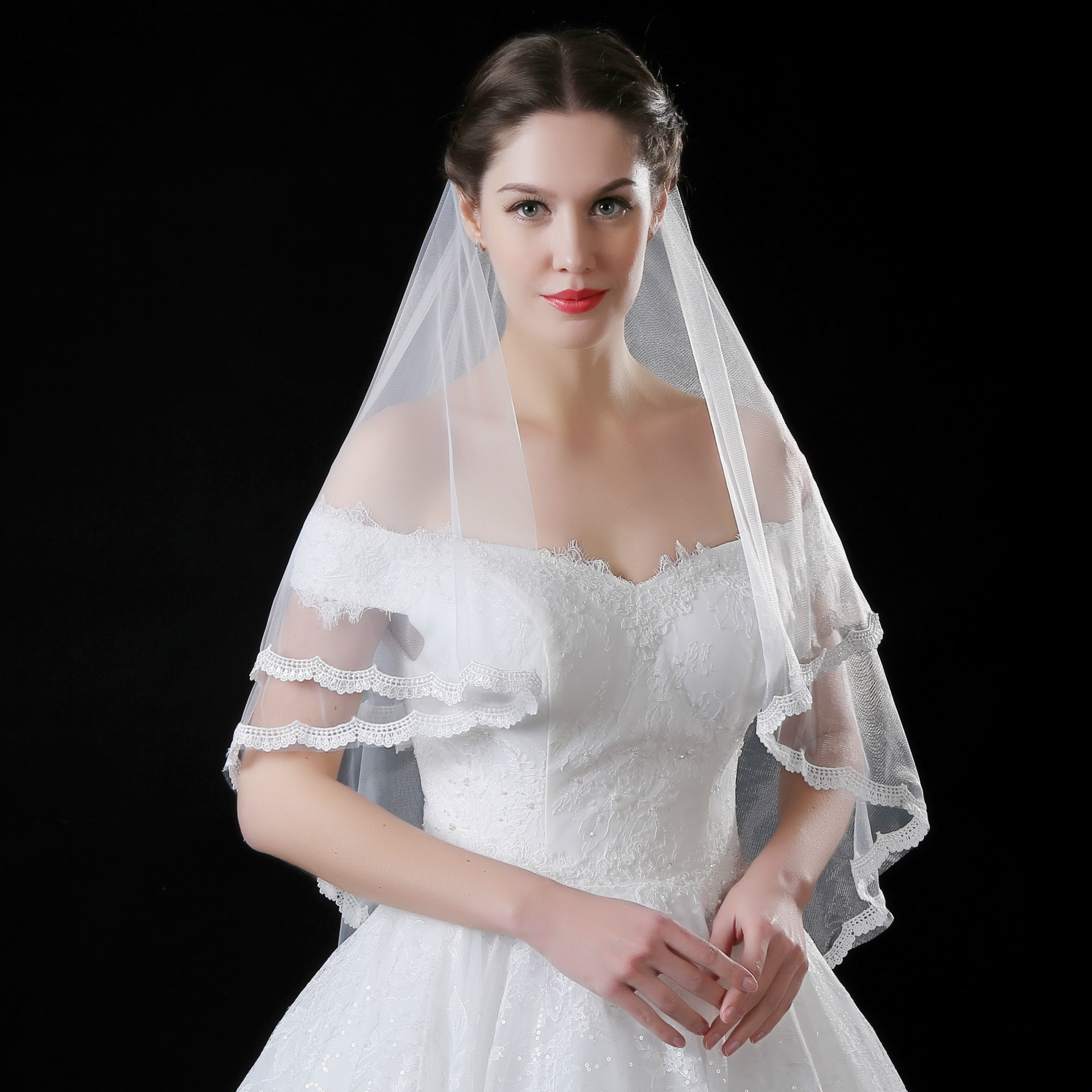 直销新款婚纱韩式公主蕾丝甜美头纱 批发新娘结婚纱短款简约头纱