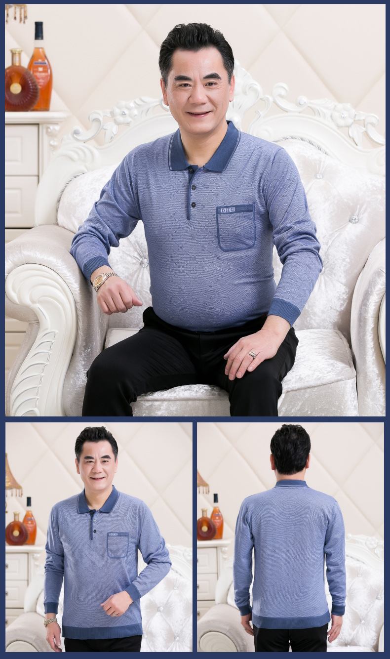 爸爸装秋装中老年男装长袖t恤薄款60-70岁爷爷装衣服加肥加大码50