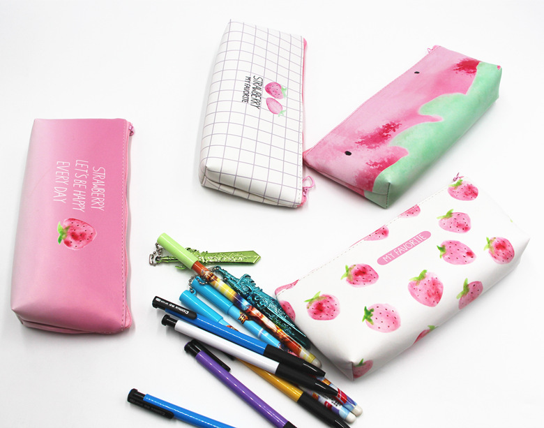 Spot Fresh Minimalist Creative Strawberry Leather Pencil Case Cute Student Female Pencil Bag Pencil Case Storage Bag Large Capacity