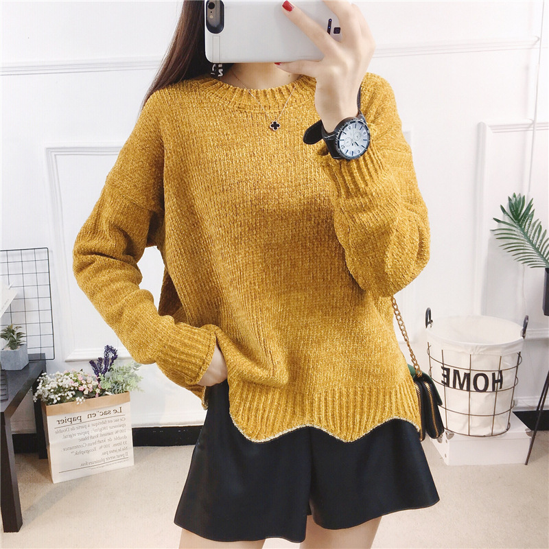 2018春季新款韩版宽松大码厚纯色圆领金丝绒针织打底衫套头毛衣女