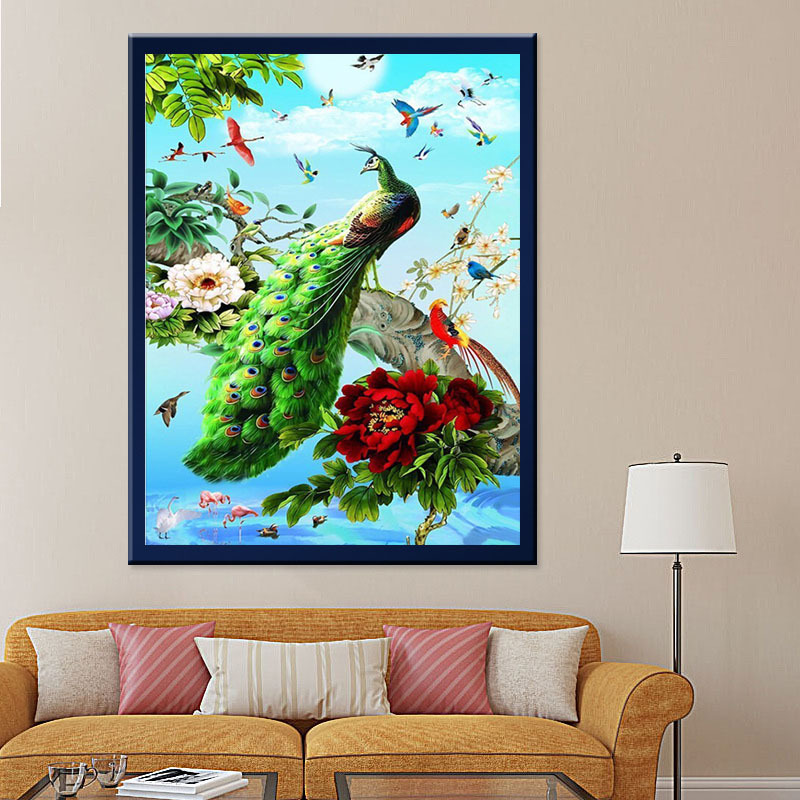 新款圆钻石画满钻竖版蓝色孔雀客厅玄关贴点钻石绣十字绣简约现代