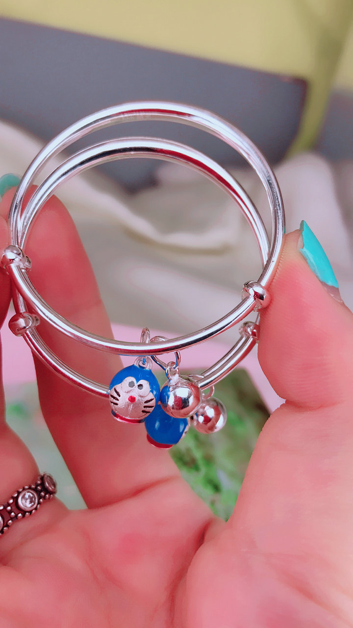 宝宝银手镯子999足银聪明伶俐儿童满月维拉足银铃铛婴儿脚环批发