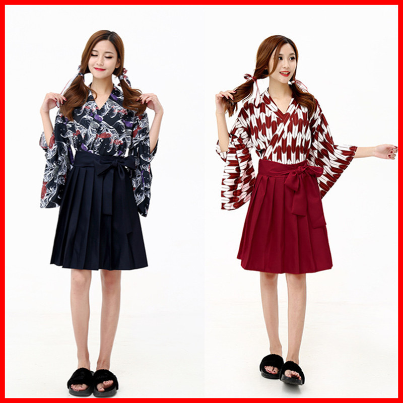 套装 矢羽柄/鲤鱼旗和风印花改良和服羽织上衣 百褶半身裙 红色