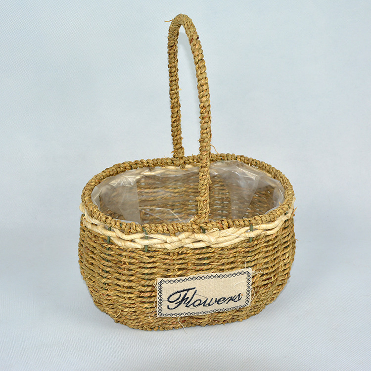 Wicker Straw Basket Iron Portable Flower Basket Rattan with Hand Fireworks Display Blue Flower Pot Flower Arrangement Basket Pastoral Succulent Flower Pot