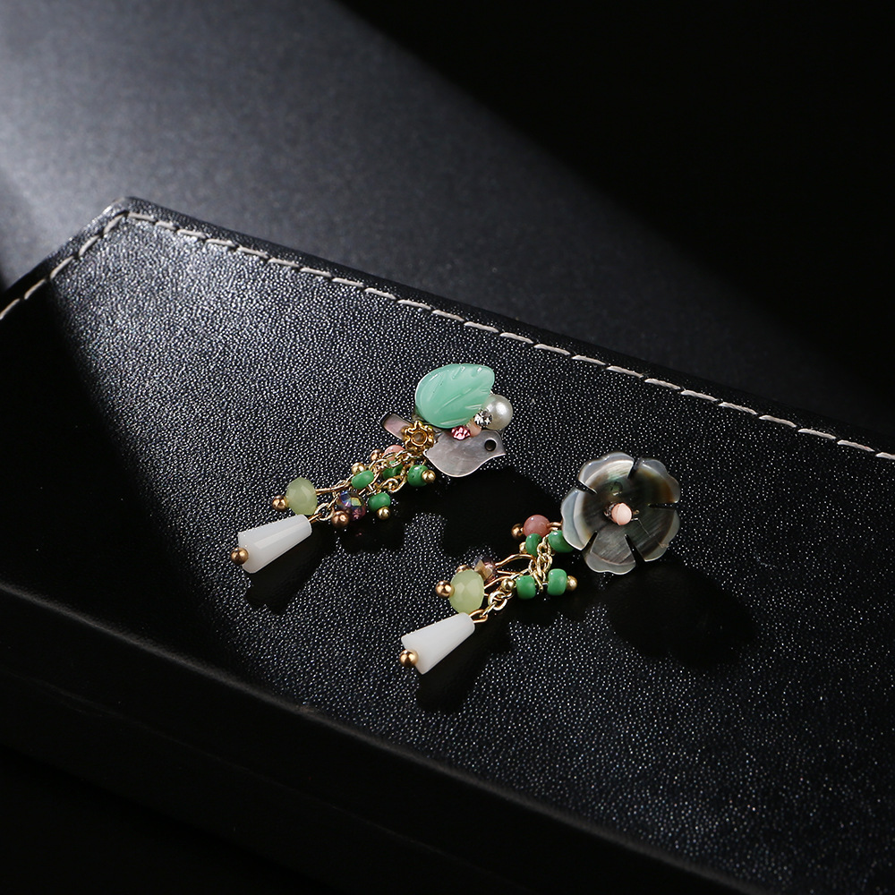 佳莎贝壳鸟贝壳花镶钻耳钉流苏耳环 不对称女性首饰耳钉 自然风