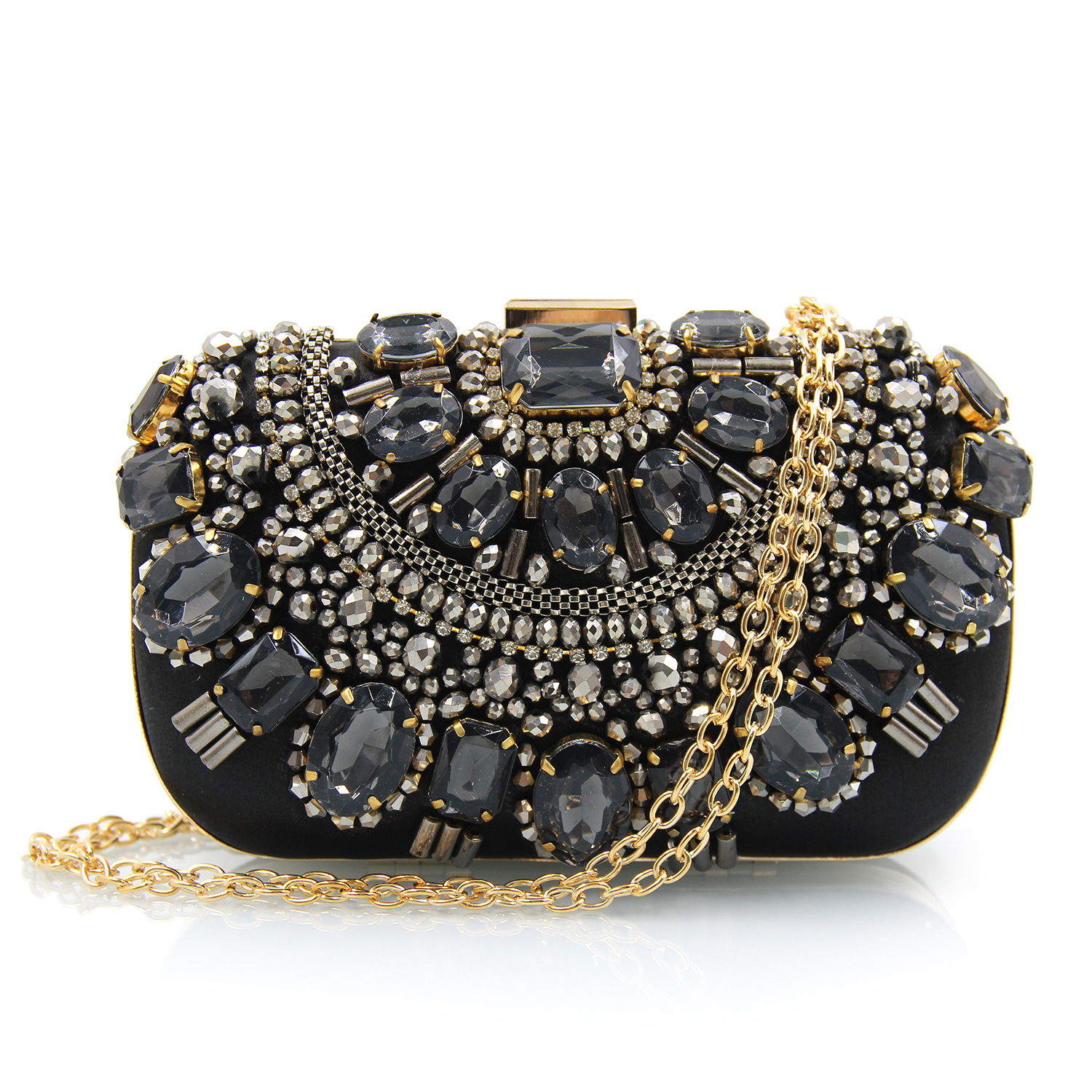 2018仿真丝欧美缝制镶钻珠绣晚宴包 高档宝石晚装包宴会手拿包