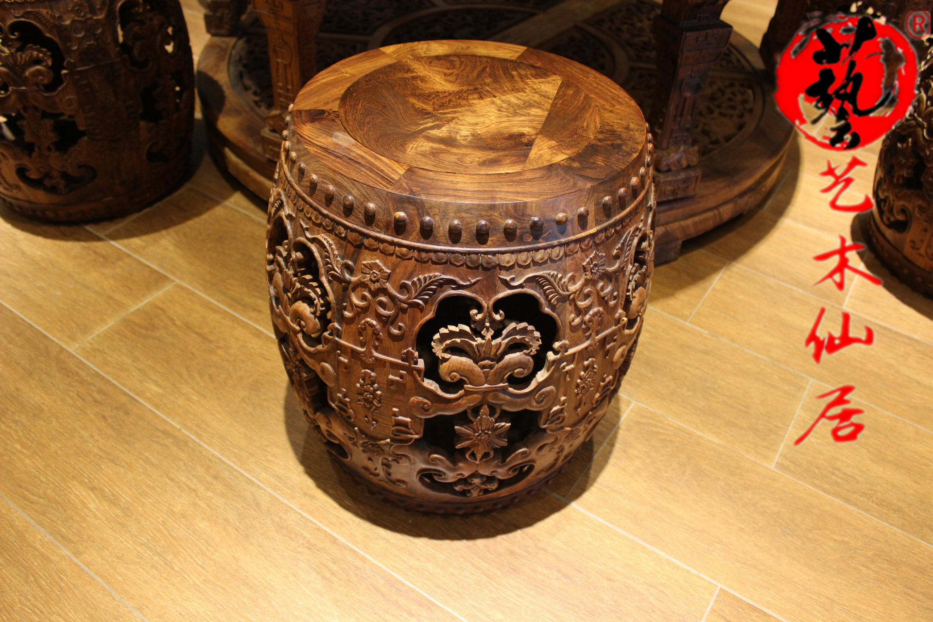 红木家具越南黄花梨圆鼓餐桌 实木 仿古 圆鼓凳组合餐桌明清古典