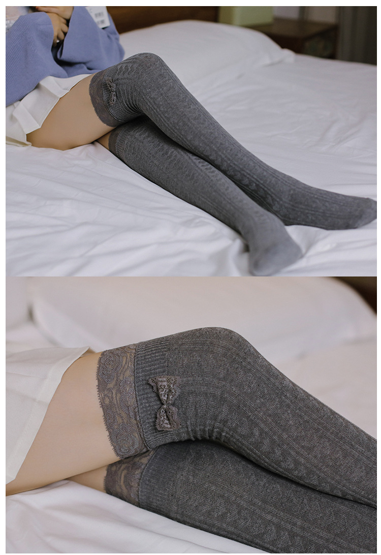 春秋蕾丝花边过膝袜套 麻花显瘦护腿袜 蝴蝶结高筒大腿袜 堆堆袜