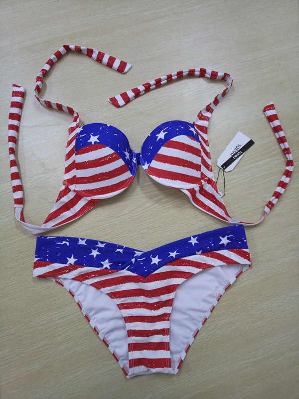 亚马逊外贸泳装美国国旗比基尼条纹大码游泳衣分体泳衣女士bikini
