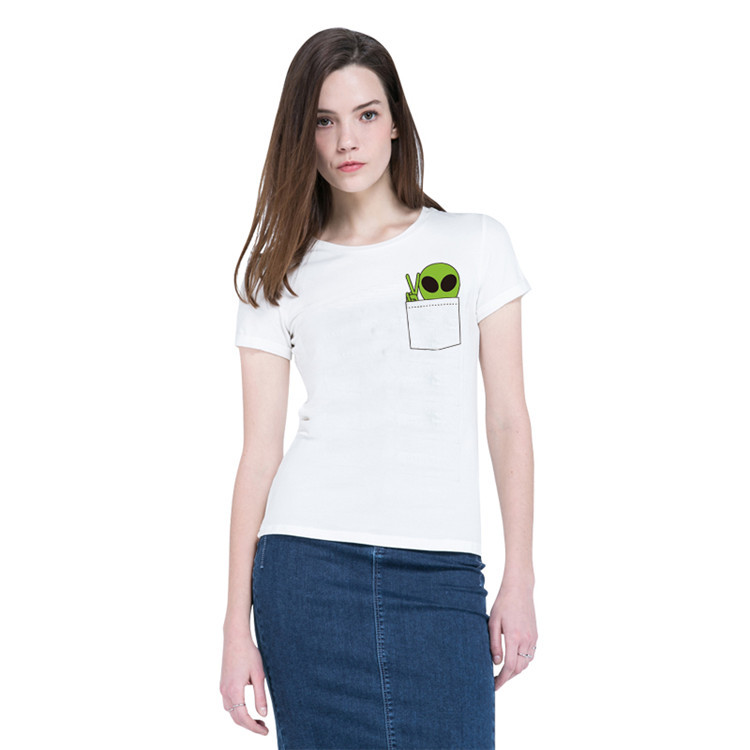 欧美口袋外星人剪刀手女t恤可爱印花休闲宽松t恤速卖通热销批发