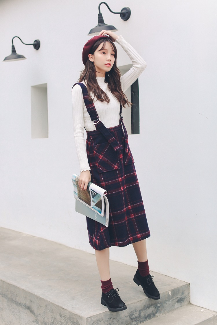 秋冬装新款学院风格子背带裙复古高腰毛呢裙女中长款