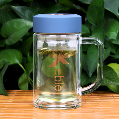 双层带把玻璃水杯 便携带过滤玻璃水杯 耐热泡茶杯子可定制办公杯