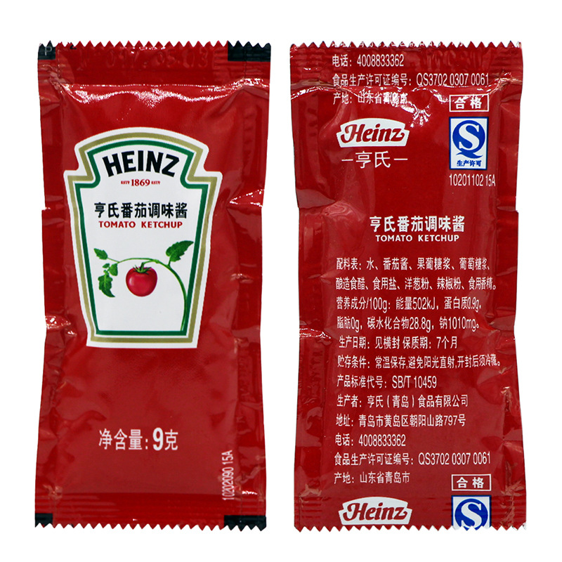 品名:亨氏番茄酱(番茄调味酱) 净含量:9g*600 配料表:水,番茄酱,果