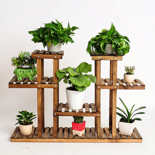 【铭夏】松木工艺花架烟熏碳化实木多层阳台花盆架0运费代表包邮